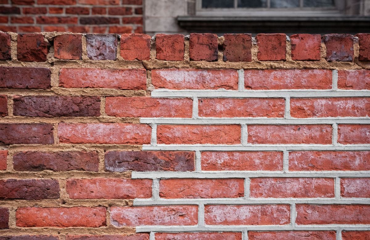 Illustrative example of a brick wall with eroded mortar joints beside freshly repointed joints