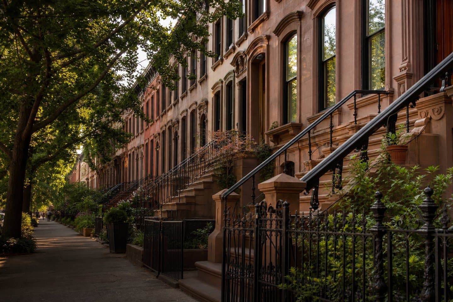 Representative Brooklyn residential block with brownstones and tree-lined stoops