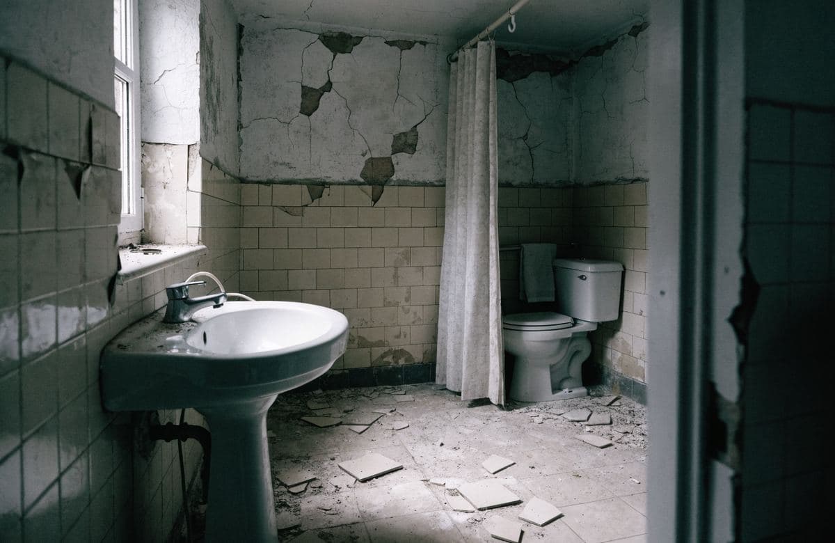 Illustrative bathroom with damaged flooring and cracked walls