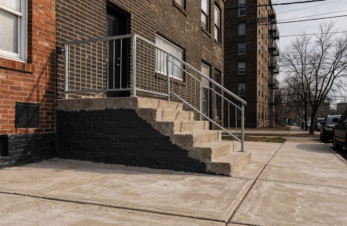 Illustrative small rental building with new concrete steps and sidewalk