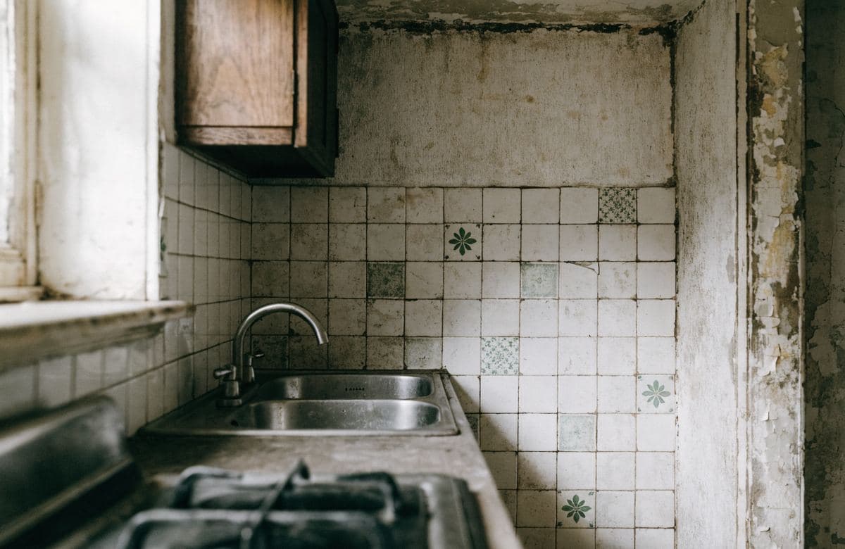 Illustrative old dated kitchen backsplash and wall finishes