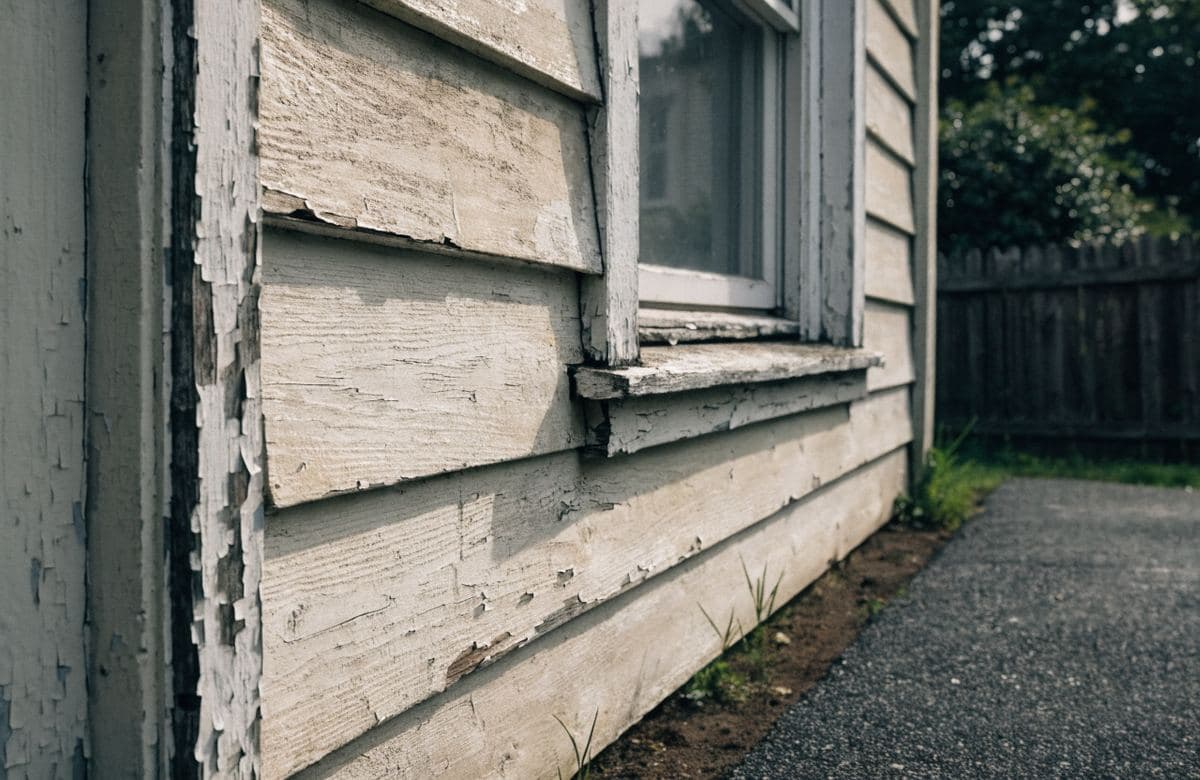 Illustrative exterior wall and trim with faded old paint needing repainting