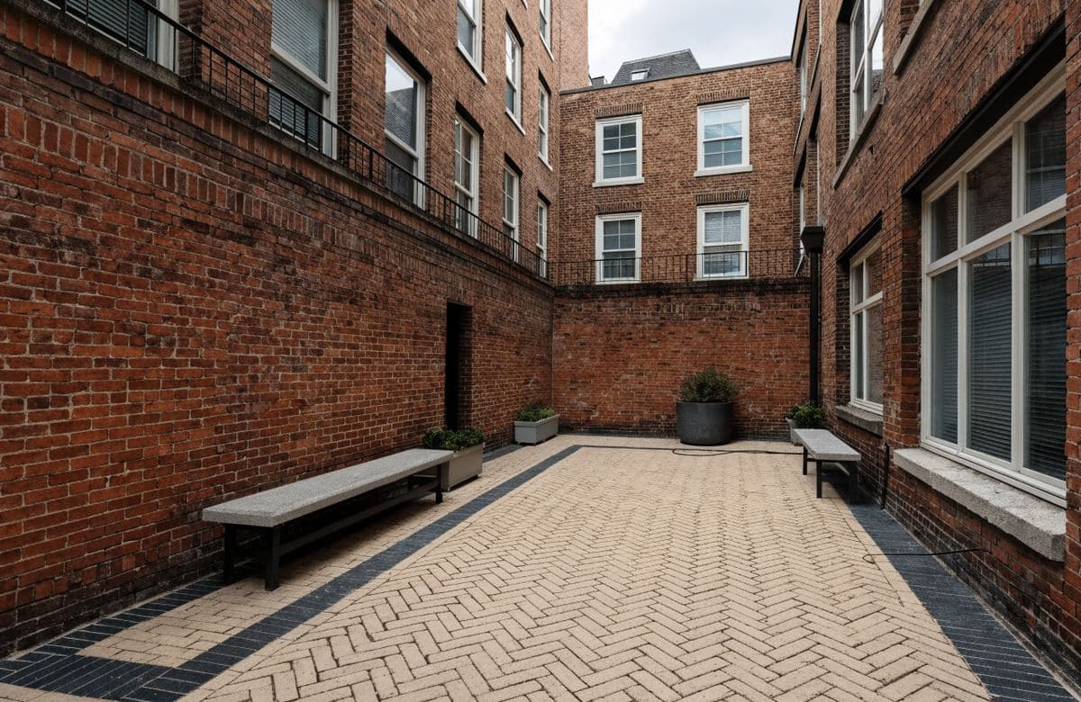 Illustrative brick apartment courtyard with a herringbone paver floor