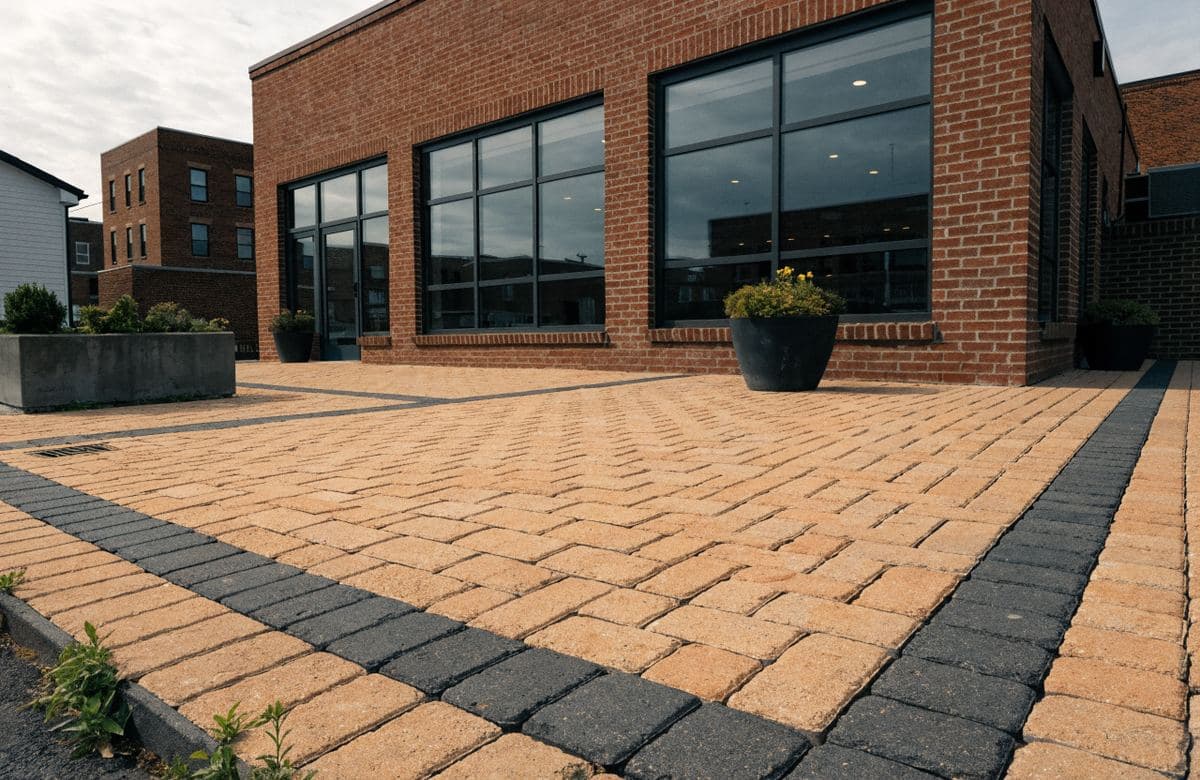 Illustrative small commercial storefront with a paver entry plaza