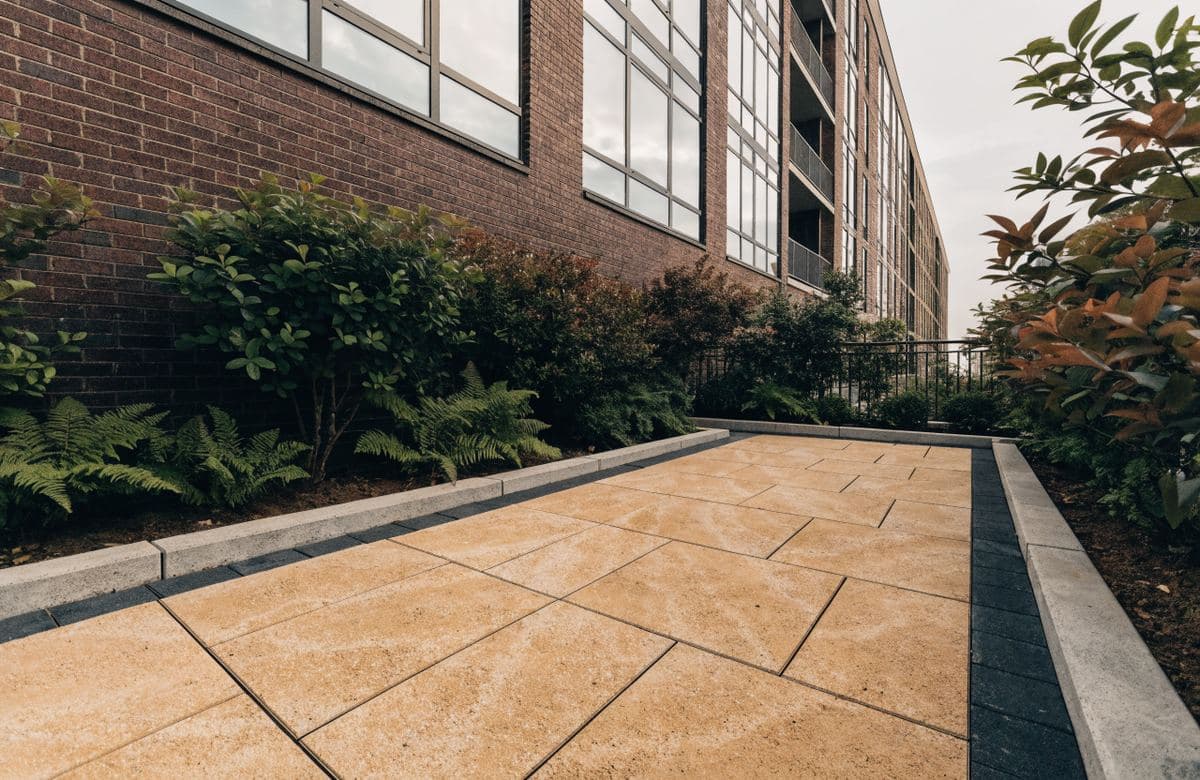 Illustrative condominium common area with large-format pavers and planters