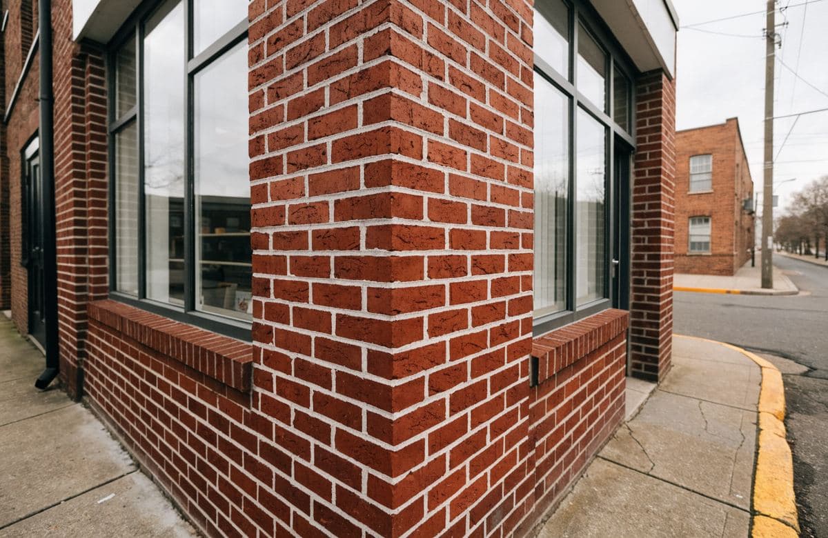 Illustrative brick storefront corner with repointed mortar joints