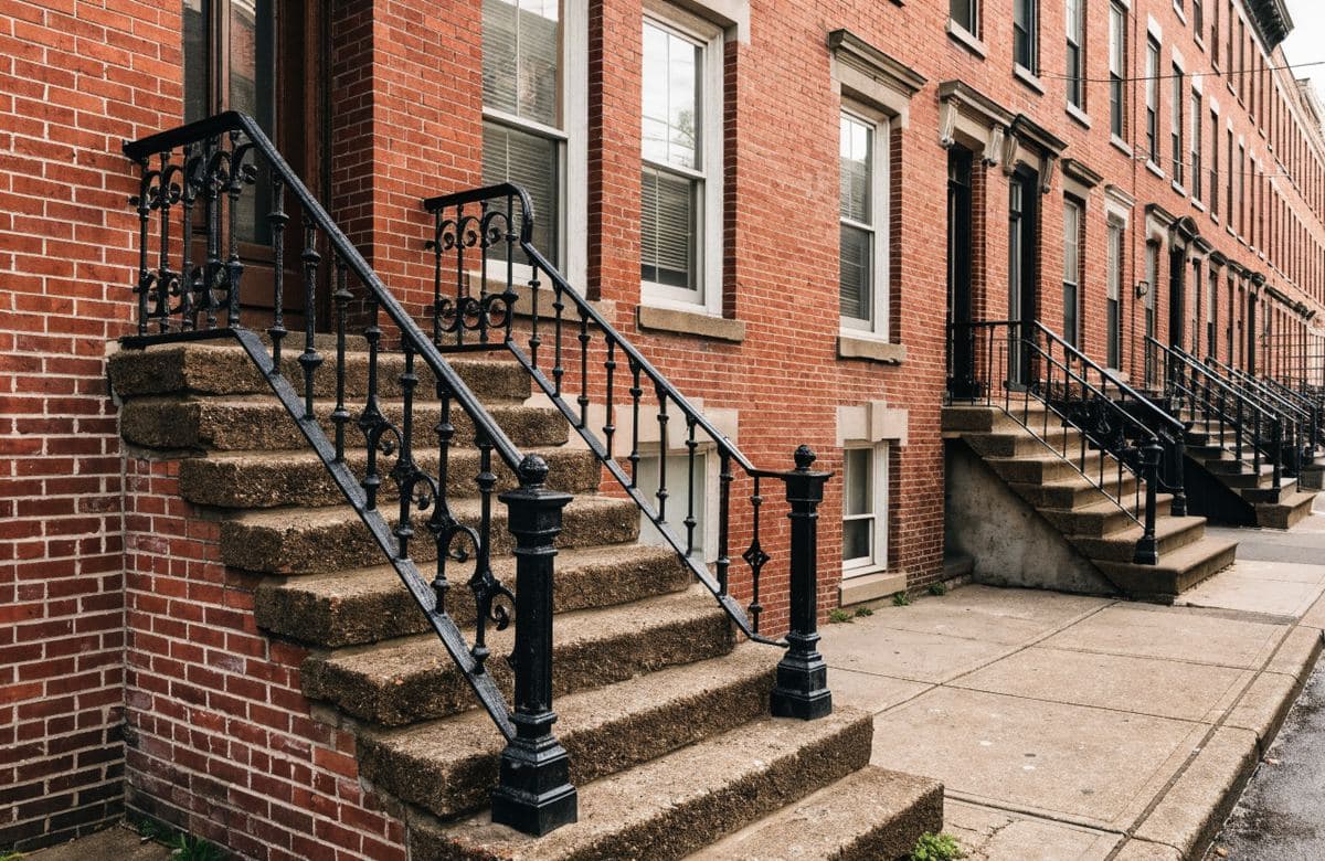 Illustrative brick rowhouse facades with entrance stoops and repointed joints