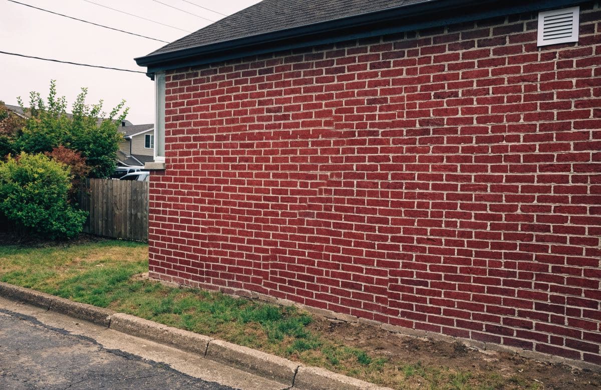 Illustrative brick side wall of a single-family home with repointed joints