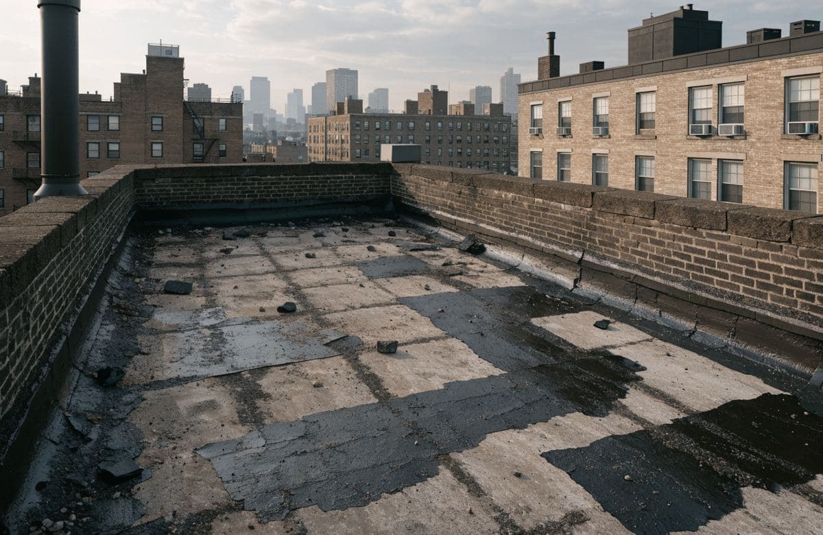 Illustrative old weathered flat roof with patched dark areas
