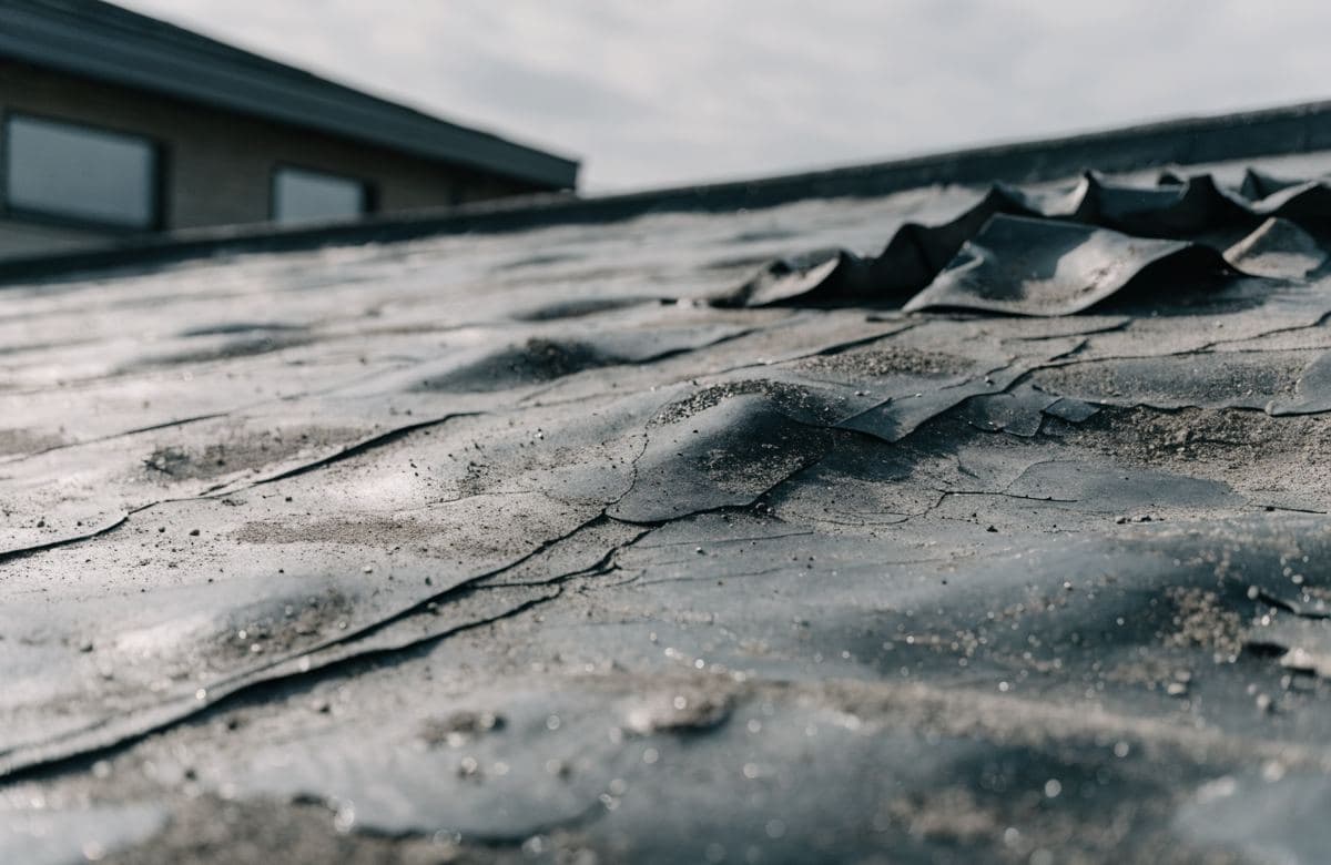 Illustrative worn and blistered flat roof membrane surface